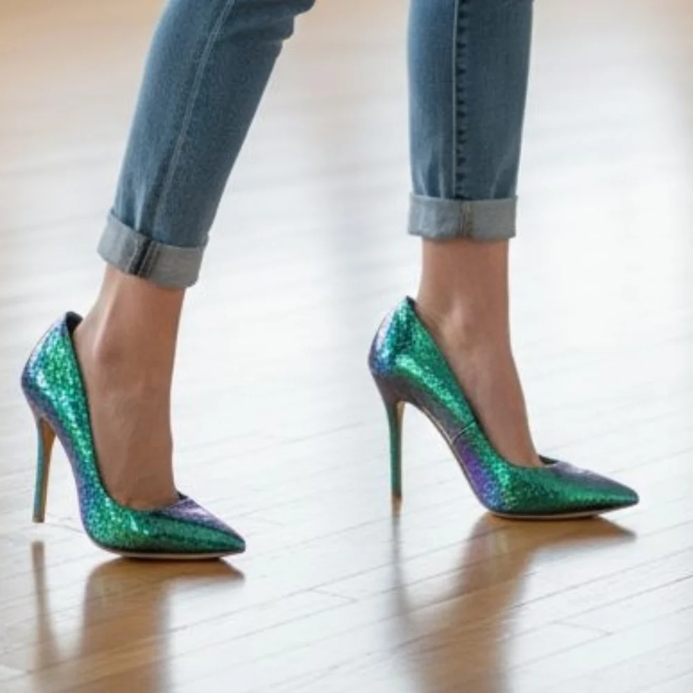Dune London Iridescent Green Blue Snake Print Heels – Size 38 (US 7.5)
